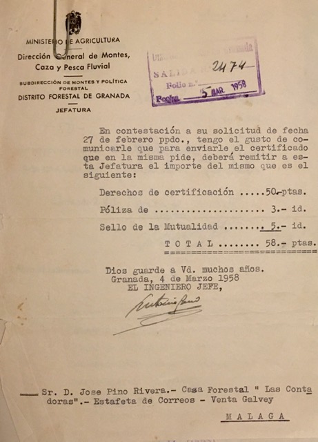 Oficio nª 2.474 de 05/03/1958, comunicando los requisitos para el envío del certificado solicitado.