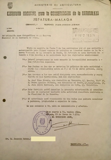 Autorización de 30/03/1974, de caza fotográfica en la Reserva Nacional de Caza de la Serranía de Ronda.