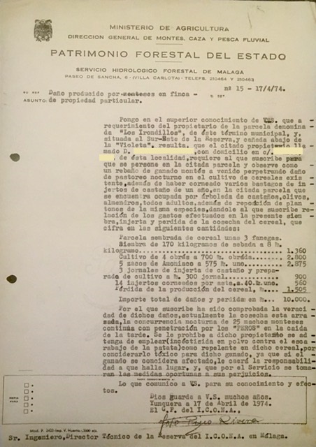 Oficio de 17/04/1970, informando de los daños producidos por cabras monteses en cultivos de finca particular.
