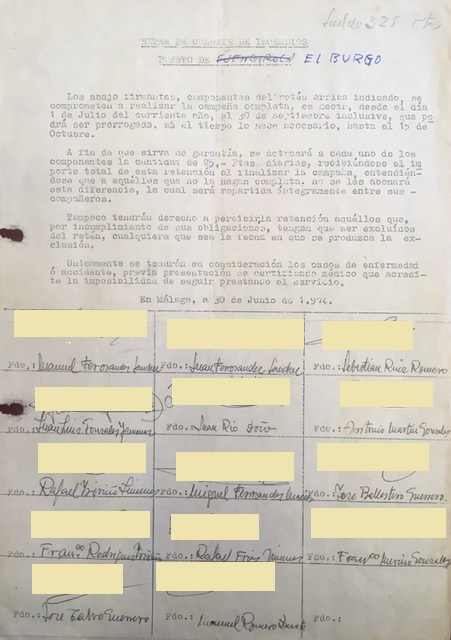 Hoja de firmas de 30/06/1974 de compromiso de realizar la campaña completa. Retén de incendios de Fuengirola (Málaga).