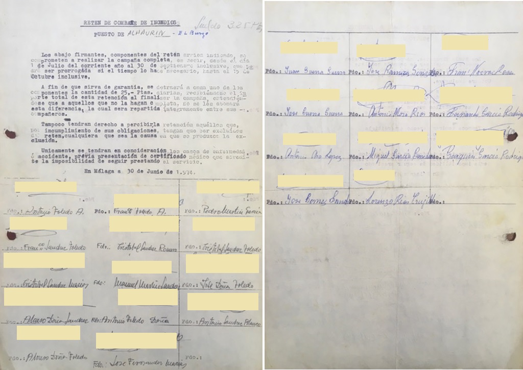 Hoja de firmas de 30/06/1974 de compromiso de realizar la campaña completa. Retén de incendios de Alhaurín (Málaga).