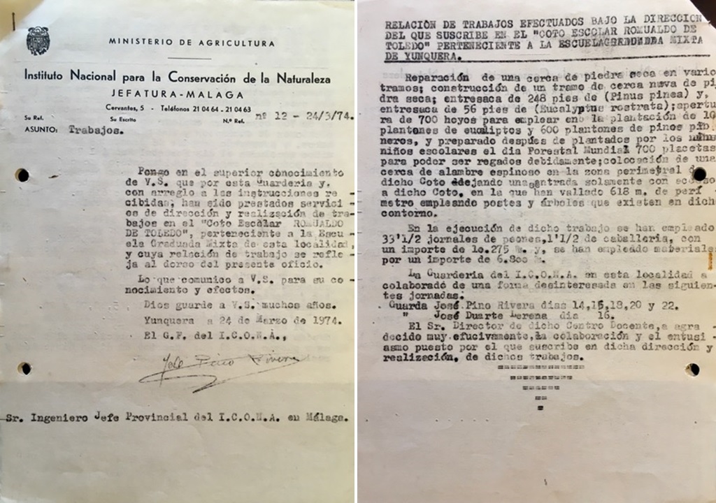 Ofici de 24/03/1974, informando de los trabajos en el coto escolar de la Escuela Graduada Mixta de Yunquera.