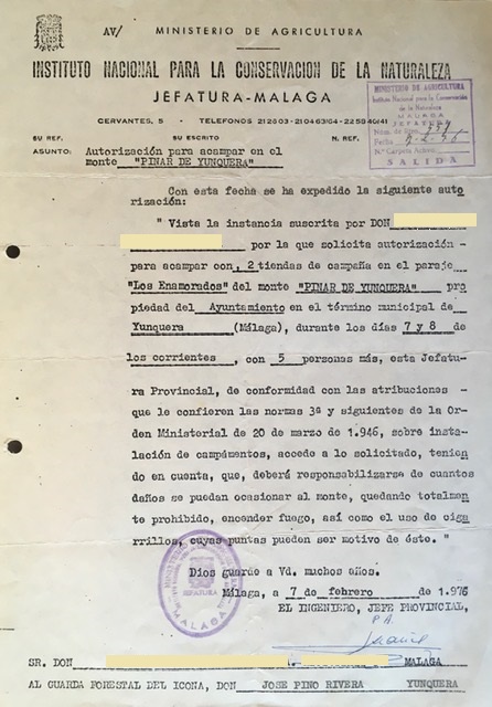 Autorización de 07/02/1976, para acampar en el paraje Los Enamorados, en el monte Pinar de Yunquera.