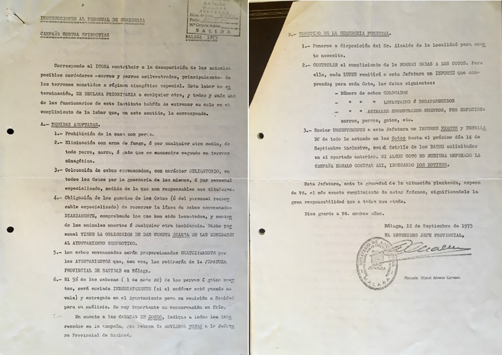 Instrucciones al personal de guardería de 12/09/1975. Campaña contra epizootías. ICONA-Málaga.