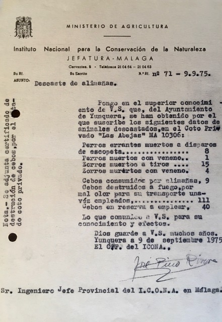Oficio de 09/09/1975, informando del descaste en el coto privado de Las Abejas en Yunquera.