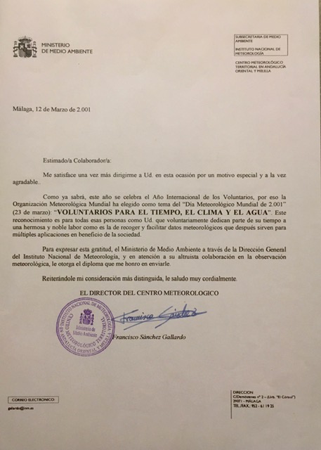 Oficio de 12/03/2001, de gratitud y reconocimiento por su altruista colaboración en la observación meteorológica.