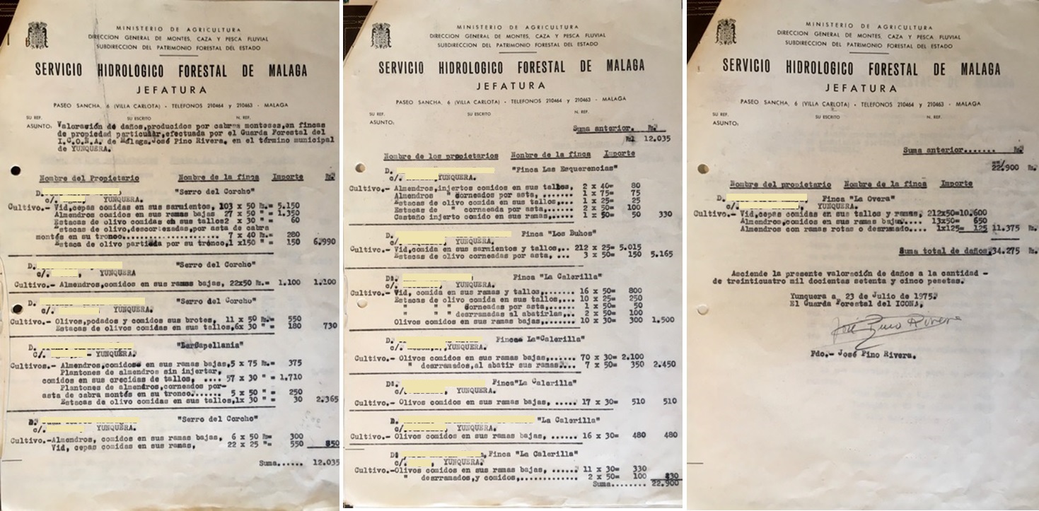 Escrito de 23/07/1975, valoración de los daños causados en fincas particulares  por cabra montés.
