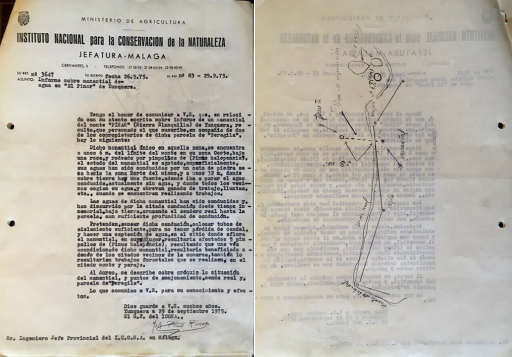 Oficio nº 83, de 29/09/1975, informando sobre un manantial del monte Pinar en sierra Blanquilla próximo a la finca 'Peregila'.