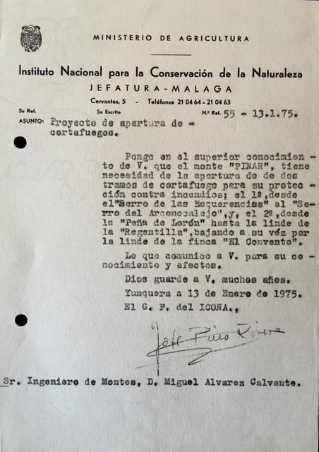 Oficio nº 55, de 13/01/1975, informando de la necesidad de dos tramos de cortafuegos en el monte Pinar de Yunquera.