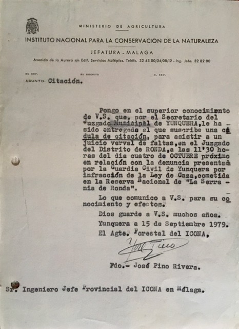 Oficio de 15/09/1979, informando de la citación para asistir al Juzgado de Ronda.