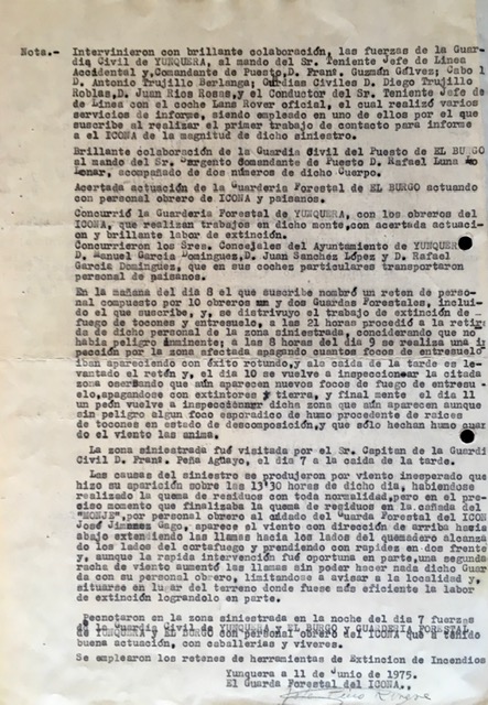 Informe del incendio forestal del 07/06/1975 del barranco del Monje en el monte Pinar de Yunquera.