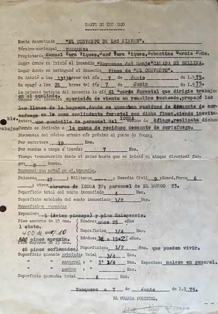 Parte del incendio forestal del 07/06/1975 del barranco del Monje, finca de El Convento, término de El Burgo (Málaga).