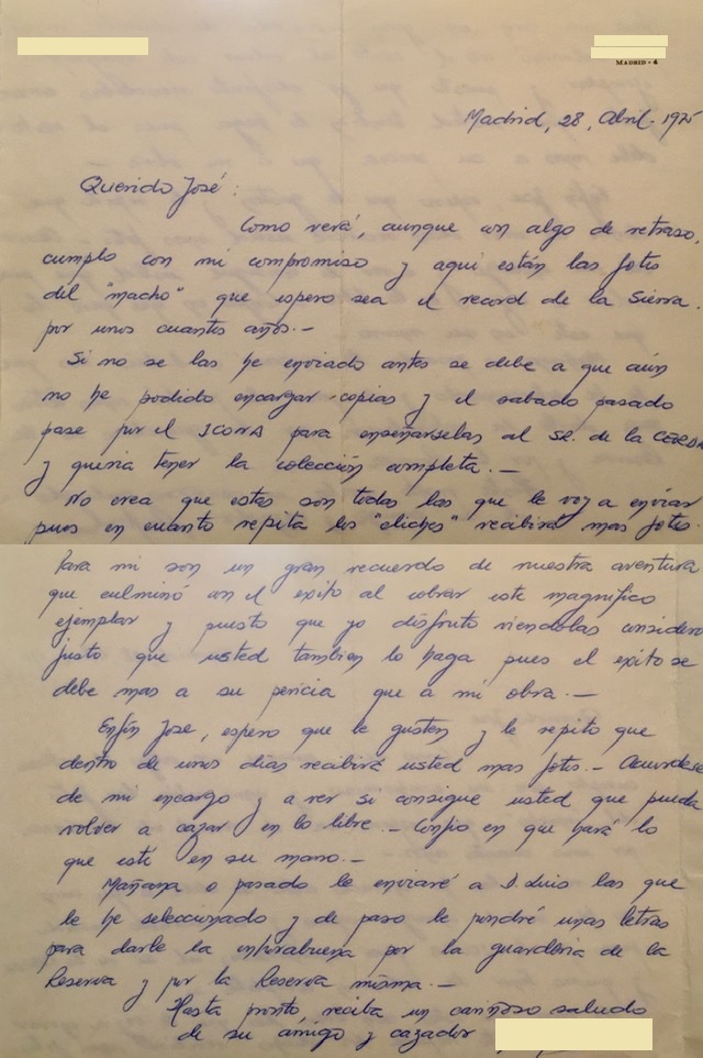 Carta de 28/04/1975 de un cazador de macho montés en la Reserva Nacional de Caza de la Serranía de Ronda.