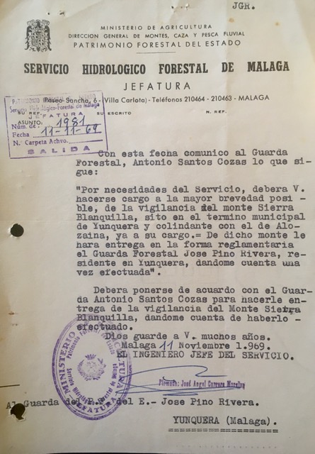 Oficio nº 1981, de 11/11/1969, comunicando la entrega del monte sierra Blanquilla al guarda forestal de Alozaina.