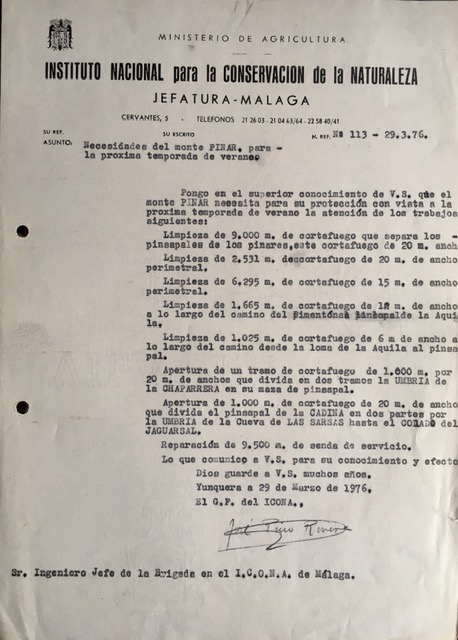 Oficio nº 113, de 29/03/1976, proponiendo trabajos en el monte Pinar de Yunquera.