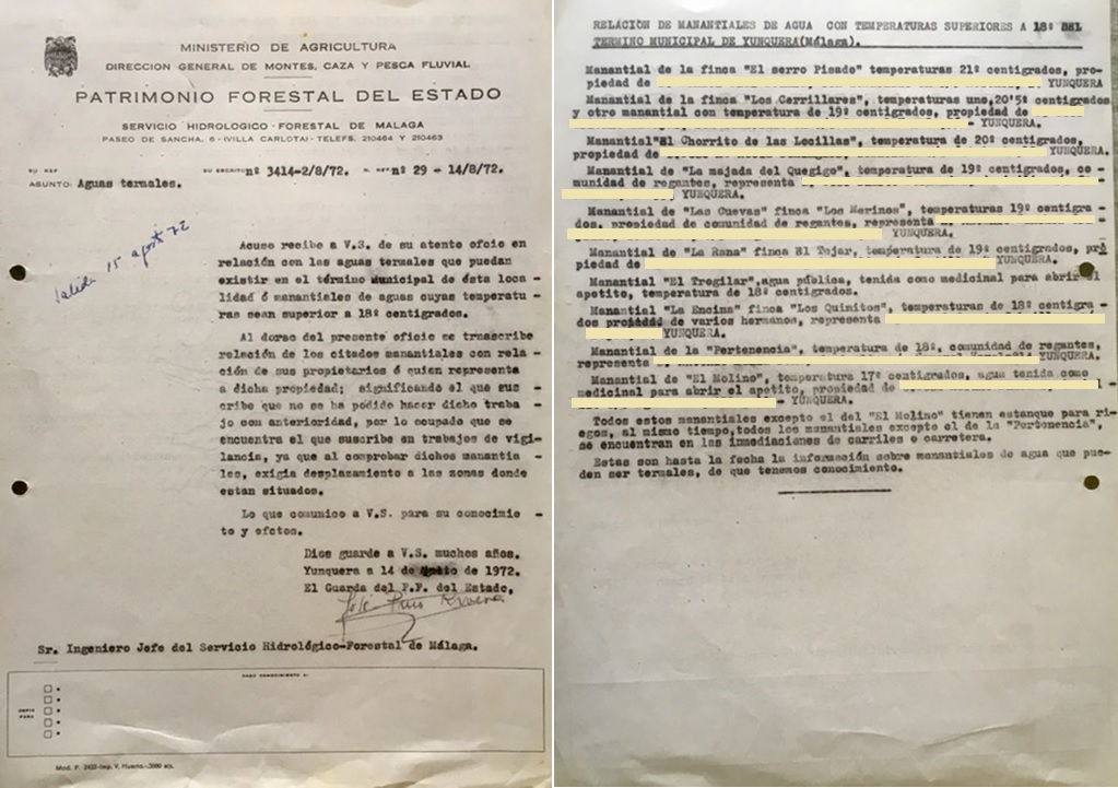 Oficio nº 29, de 14/08/1972, informando de los manantiales de agua del término de Yunquera.