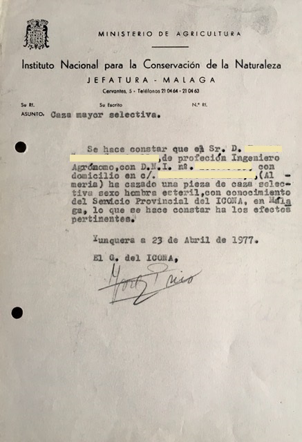Oficio de 23/04/1977, haciendo constar la caza de una hembra estéril de cabra montés.