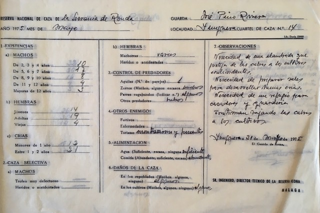 Parte de seguimiento del mes de mayo de 1975 del cuartel de caza nº 14 de la Reserva Nacional de Caza de la Serranía de Ronda.
