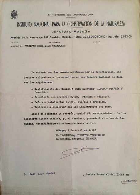 Tarifas de servicios de cazadores en la Reserva Nacional de Caza de la Serranía de Ronda de 09/04/1980.