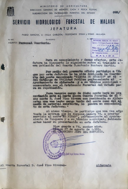 Oficio nº 1576, de 28/08/1969, comunicando nuevo destino en el monte Pinar de Yunquera (Málaga).