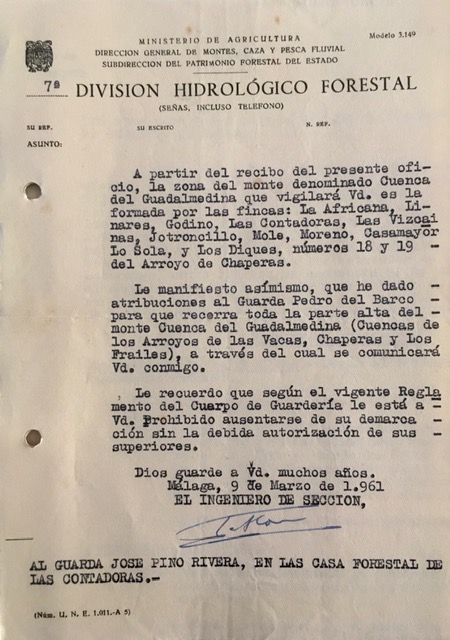 Oficio de 09/03/1961, comunicando la asignación de zona de vigilancia en el monte Cuenca del Guadalmedina (Málaga).