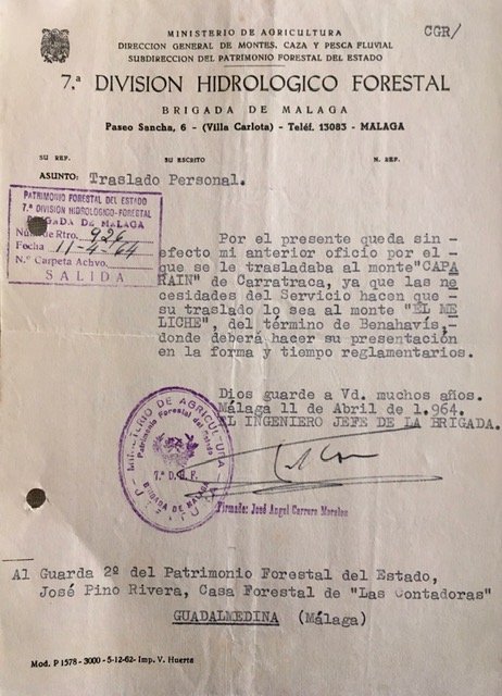 Oficio de 11/04/1964, anulando el traslado al monte Caparaín y comunicando el traslado al monte El Meliche.