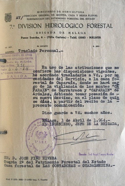 Oficio de 04/04/1964, comunicando el traslado a la casa forestal del Caparaín, donde sa hará cargo de lo montes.