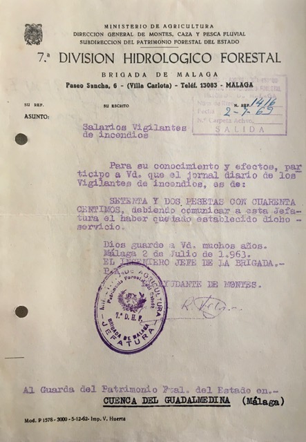 Oficio nº 1416, de 02/07/1963, comunicando el jornal diario de los vigilantes de incendios.
