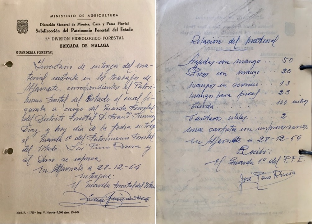 Escrito de 28/12/1964, entrega del almacén de herramientas del monte Sierra de Enmedio de Alfarnate (Málaga).