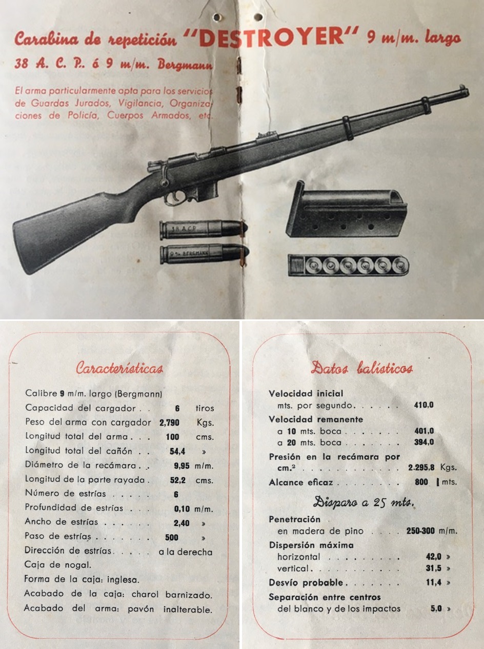 Carabina de repetición Destroyer, 9 mm. largo. características y datos balísticos.