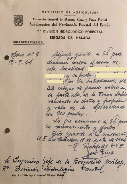 Oficio nº 8, de 18/08/1964, denuncia por pastoreo de ganado caprino en la finca Lo Sola en el monte Cuenca del Guadalmedina (Málaga).