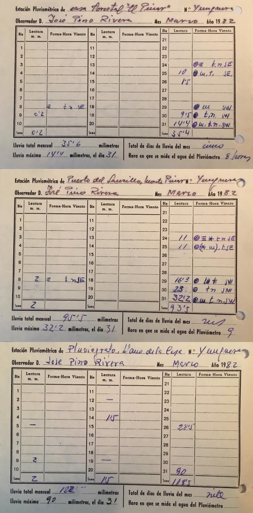 Tarjetas de lluvia del mes de marzo de 1982 del monte de Yunquera.