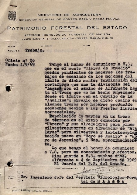 Oficio de 04/09/1969, informando de trabajos pendientes en el monte sierra de Enmedio de Alfarnate (Málaga).