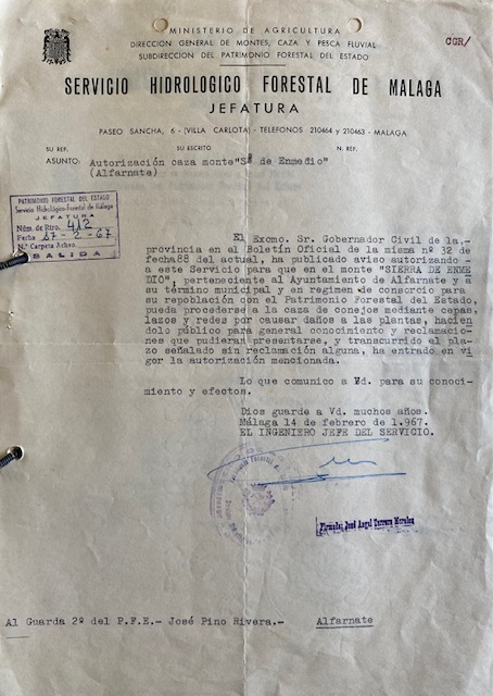 Oficio de 17/02/1967, comunicando la autorización del Gobernador Civil para descastar conejos en el monte Sierra de Enmedio de Alfarnate.