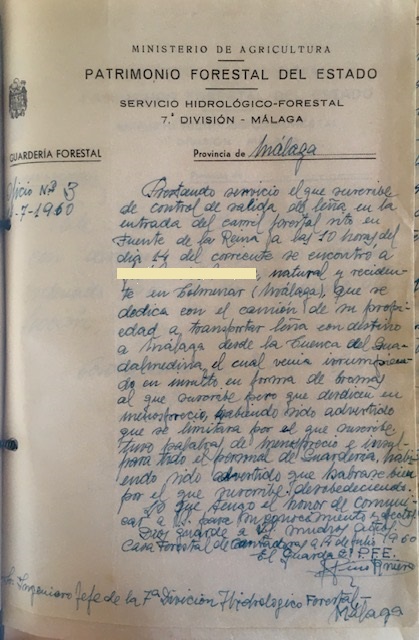 Oficio de 14/07/1960, comunicando incidencia en el control de leña en el monte Cuenca del Guadalmendina (Málaga).
