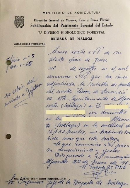 Oficio de 20/01/1965, comunicando la adjudicación de la subasta de pastos del monte Sierra de Enmedio de Alfarnate.