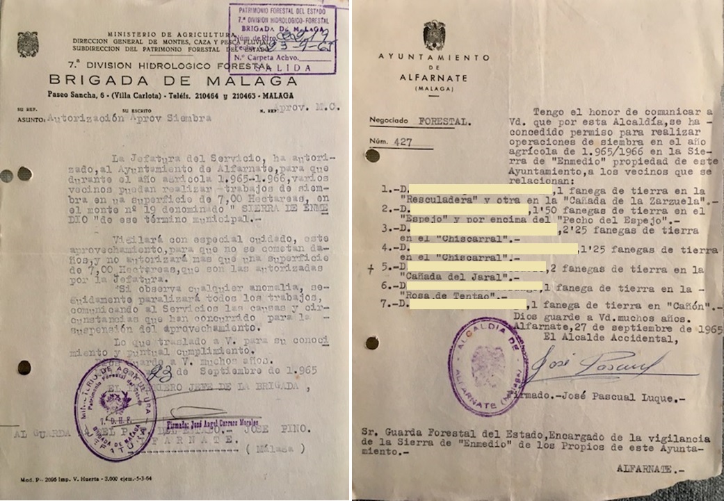Oficios de 23/09/1965 y de 27/09/1965, autorización a vecinos para siembra en el monte Sierra de Enmedio de Alfarnate.