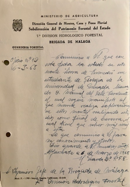 Oficio de 06/03/1965, comunicando la visita al monte Sierra de Enmedio de Alfarnate de un estudiante de Geología.