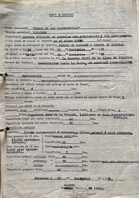 Parte del incendio forestal del 29/11/1981 del cerro de las Querencias, limítrofe con el monte Pinar de Yunquera (Málaga).