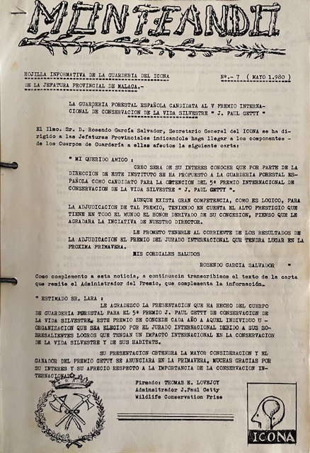 La Guardería Forestal candidata al V Premio Internacional de Conservación de la Vida Silvestre (Monteando, nº 7, mayo de 1980).