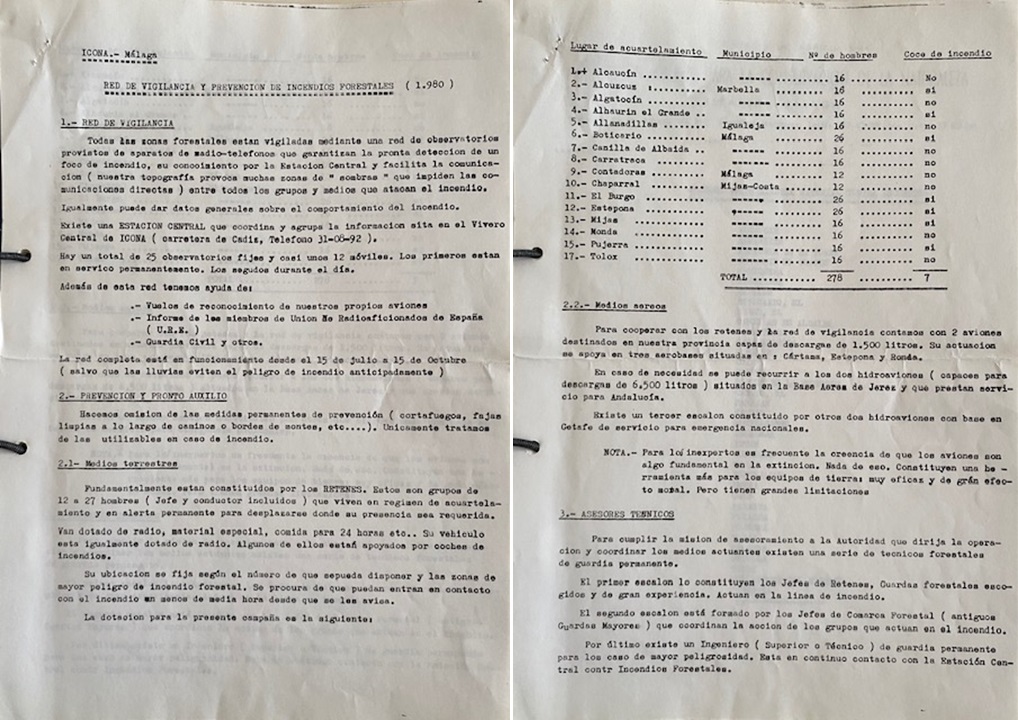 Red de vigilancia y prevención de incendios forestales del ICONA en Málaga en 1.980.