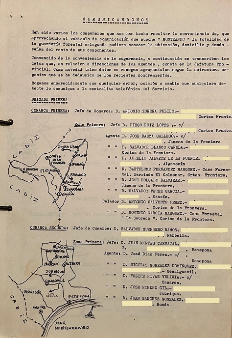 Directorio forestal de agentes y celadores del ICONA-Málaga en diciembre de 1980 (hoja uno).