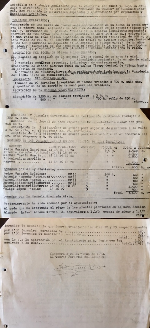 Estadillo de 26/03/1974 de trabajos realizados en el coto escolar Romualdo de Toledo en Yunquera (Málaga).