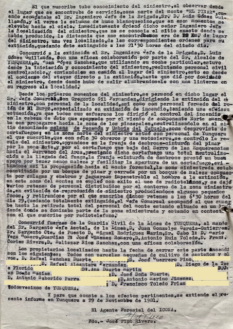 Informe del incendio forestal del 29/11/1981 del cerro de las Querencias, limítrofe con el monte Pinar de Yunquera.