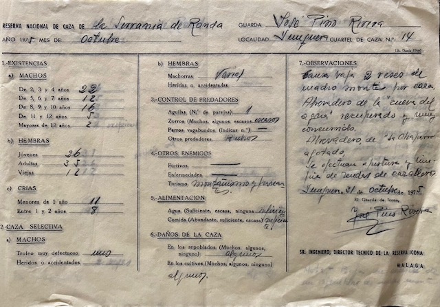 Parte de seguimiento del mes de octubre de 1975 del cuartel de caza nº 14 de la Reserva Nacional de Caza de la Serranía de Ronda.