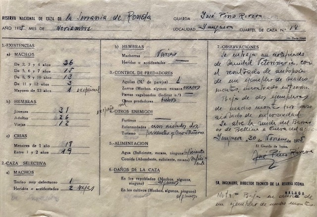 Parte de seguimiento del mes de noviembre de 1975 del cuartel de caza nº 14 de la Reserva Nacional de Caza de la Serranía de Ronda.