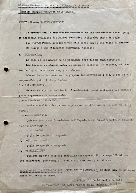 Instrucciones de 18/12/1973 del director técnico de la Reserva al personal de Guardería sobre los nuevos partes mensuales.
