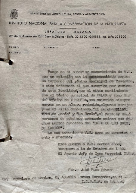 Oficio de 10/10/1983, informando de la existencia de corzos en el término municipal de Yunquera (Málaga).