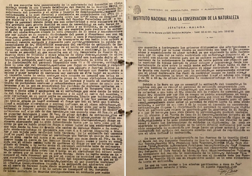 Informe del incendio forestal del 12/06/1983 del monte Morenas de Briñuela del ICONA en el término municipal de Yunquera.