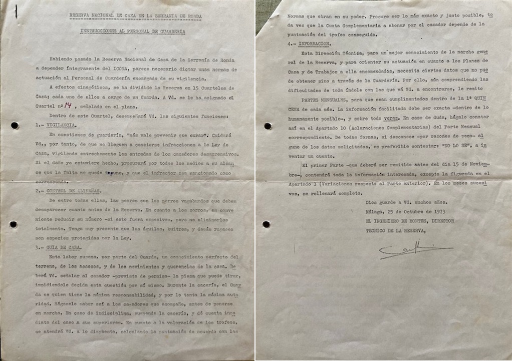 Instrucciones de 25/10/1973 del Director técnico de la Reserva al personal de Guardería.
